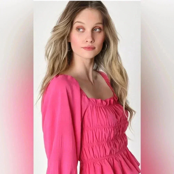 Lulus Flirty Reveal Hot Pink Smocked Puff Sleeve Lace Up - Picture 4 of 6